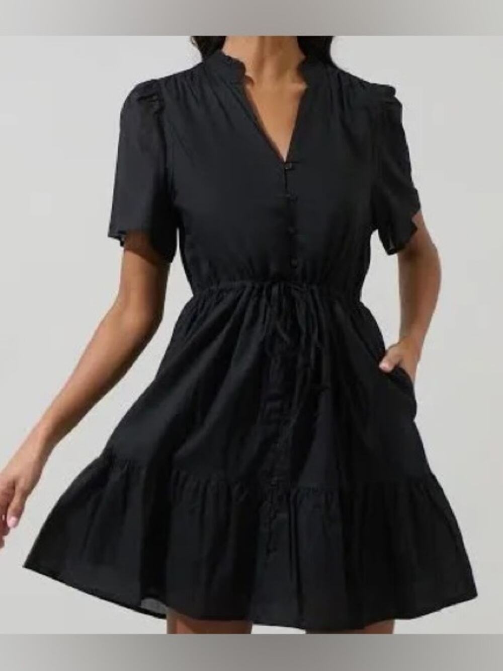 Sugarlips Black Fit & Flare Mini Dress M Ruffle Collar Button Front Drawstring